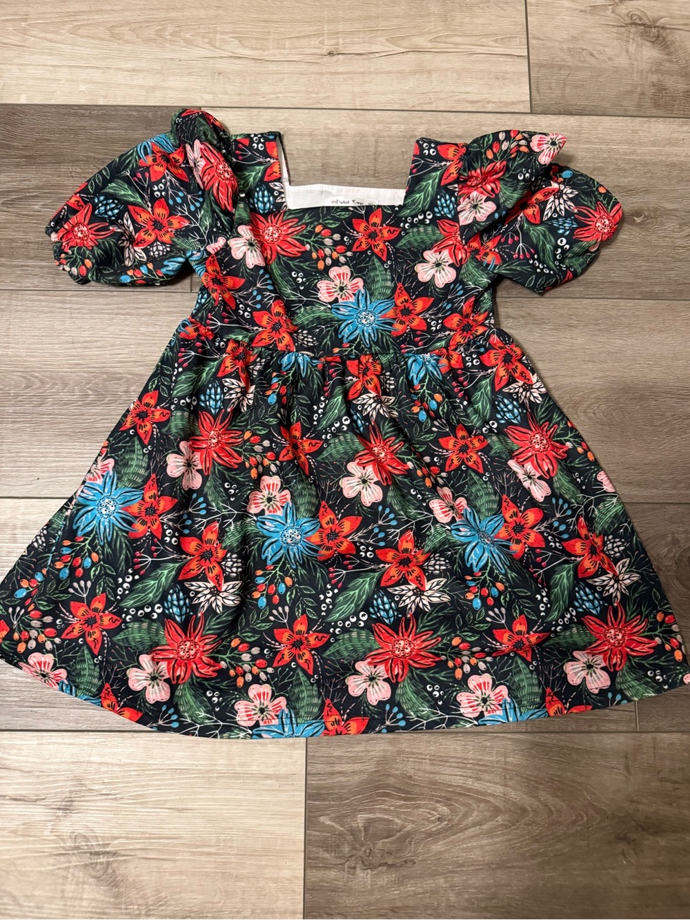 Girls' Floral Puff-Sleeve Dress in Black with Red & Blue Flowers